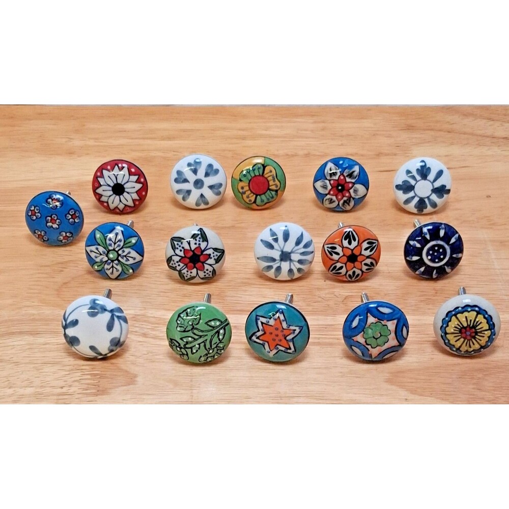 Lot of 16 Multicolor Colorful Ceramic Knobs Floral Vibrant Restoration Replace